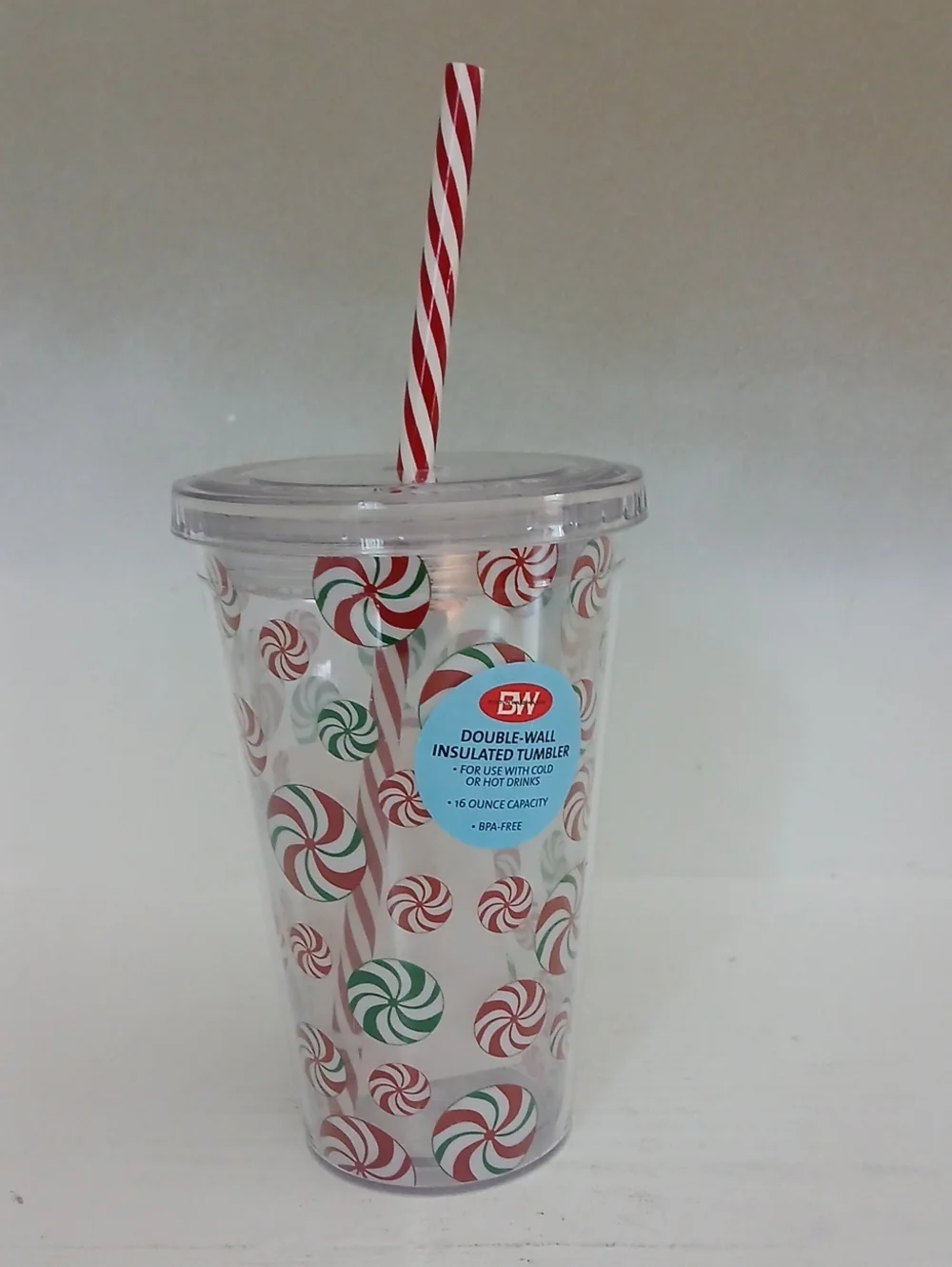 Double-Wall Insulated Peppermint Tumbler with Striped Straw